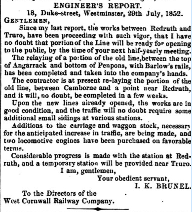 29 July 1852 Brunel ENGINEER’S REPORT West Cornwall Railway Company 29 July 1852 Brunel ENGINEER’S REPORT West Cornwall Railway Company
